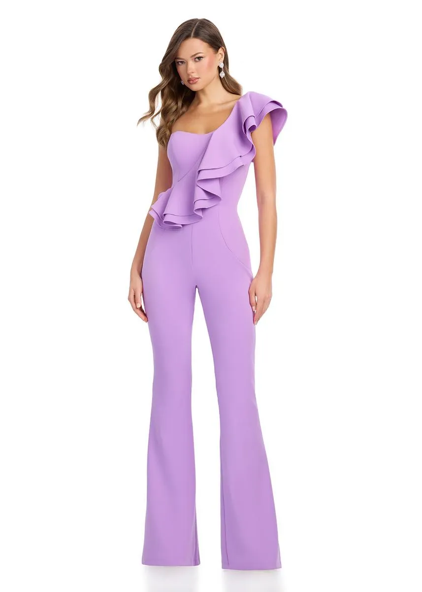 ASHLEYlauren  One Shoulder Scuba Ruffle Jumpsuit 11965