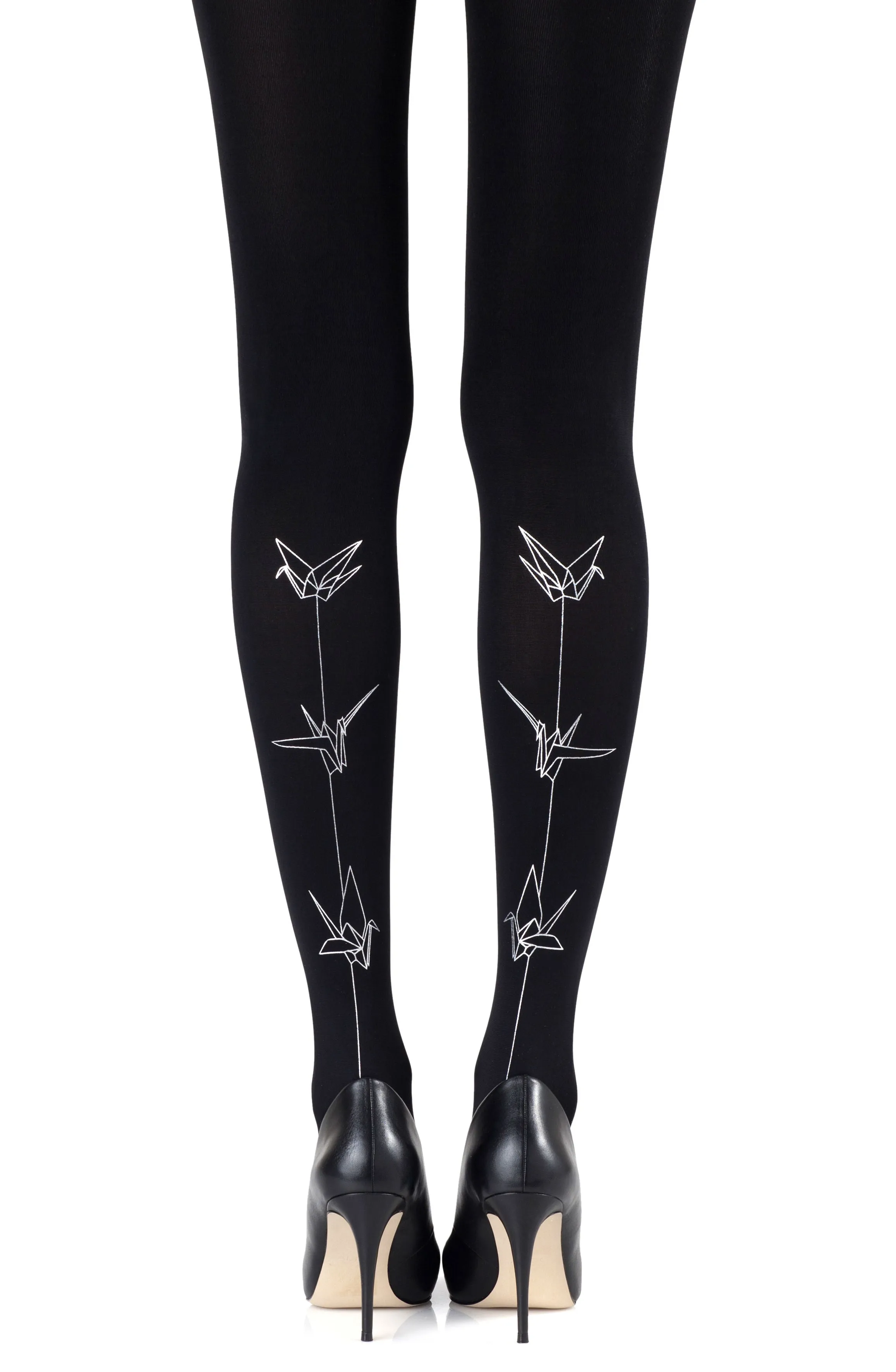 Beautiful Silver Bird Graphics Print 120 Denier Opaque Black Tights