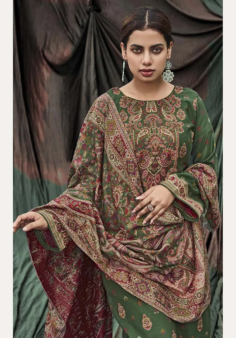 Belliza Woolen Pashmina Green Winter Unstitched suit Fabric