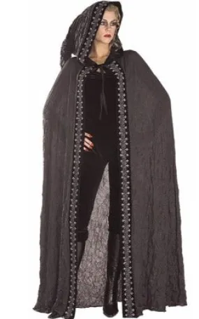 Black Crinkle with Printed Trim Adult Full Length Hooded Cape