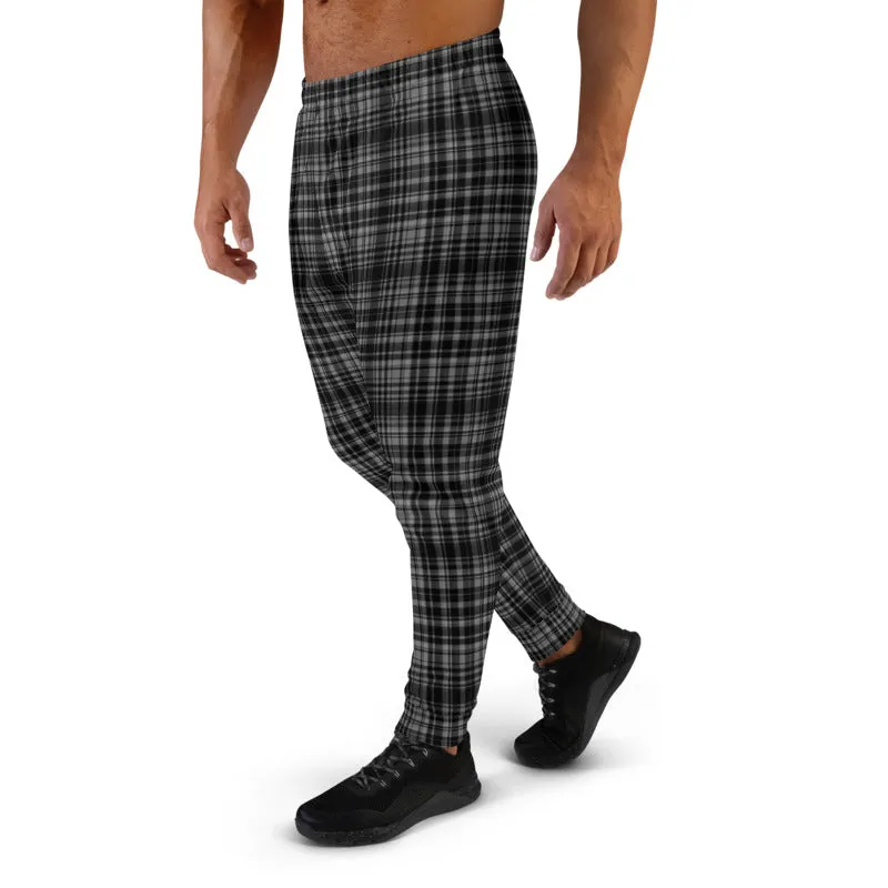 Black Grey Plaid Men's Joggers, Tartan Print Classic Premium Soft Sweatpants-Made in EU