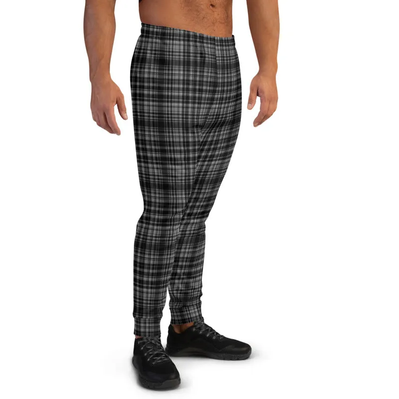 Black Grey Plaid Men's Joggers, Tartan Print Classic Premium Soft Sweatpants-Made in EU