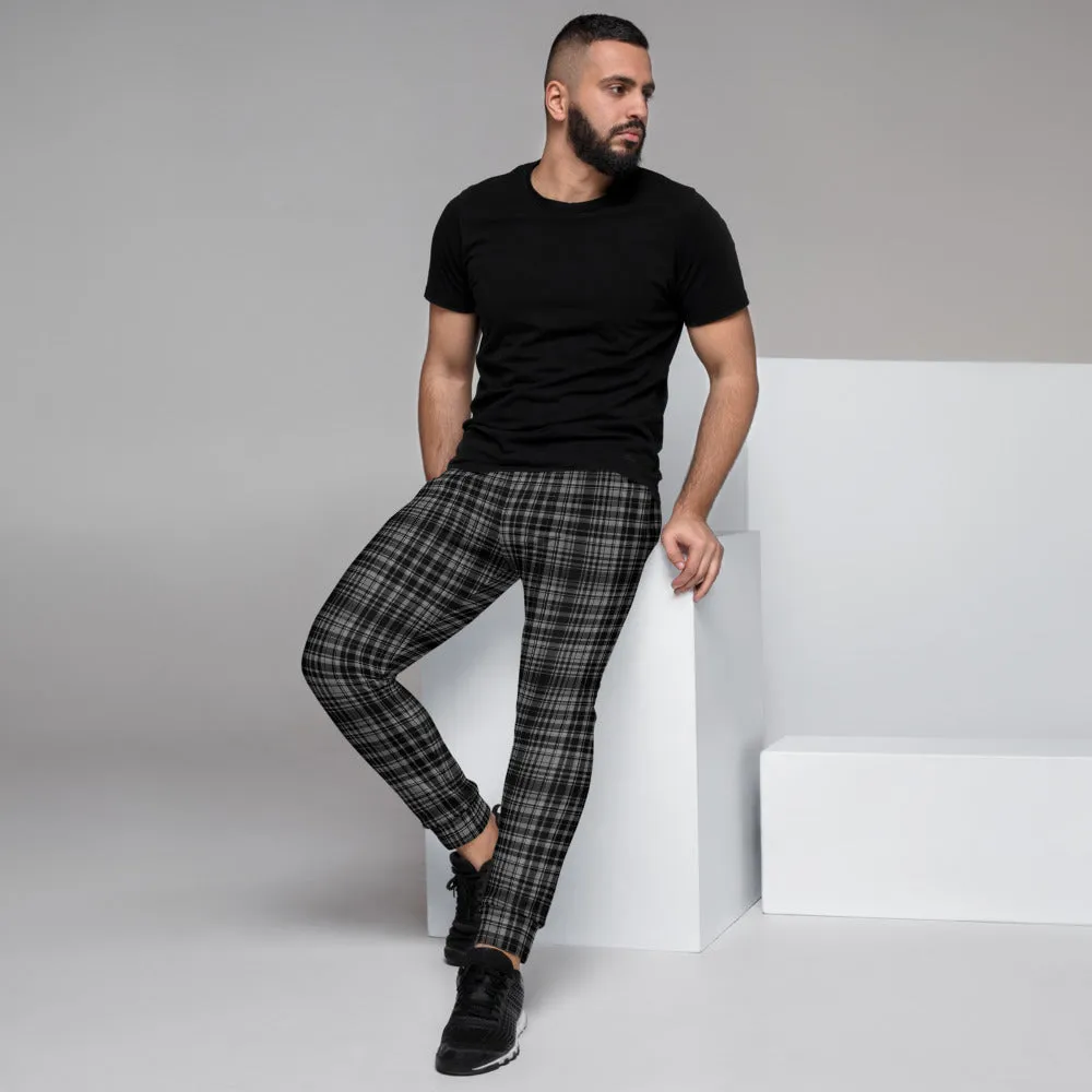 Black Grey Plaid Men's Joggers, Tartan Print Classic Premium Soft Sweatpants-Made in EU