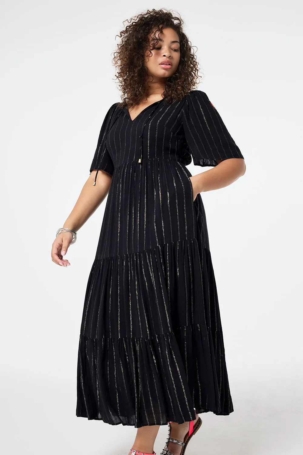 Black with Silver Lurex Angel Sleeve Tie Front Maxi Dress