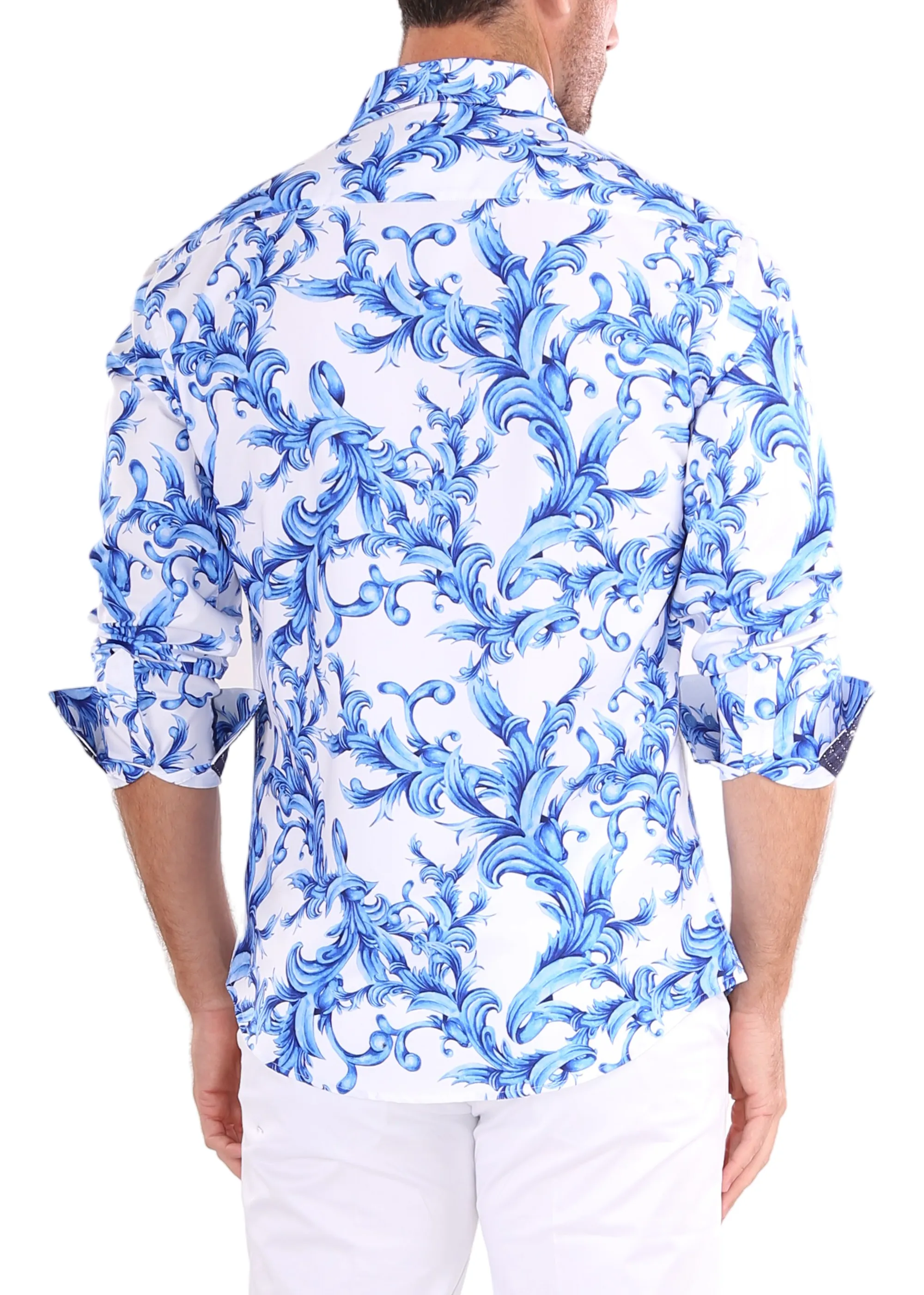 Blue Baroque Print Button Up Long Sleeve Dress Shirt