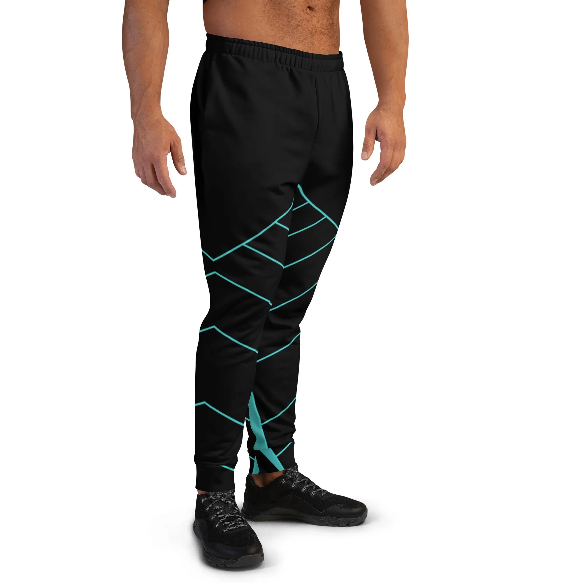 Blue Black Geometric Men's Joggers, Colorful Geometric Men's Pants-Made in USA/EU/MX (US Size: XS-3XL)