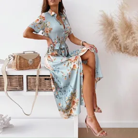 Blue Floral Print Summer Shirt Dress