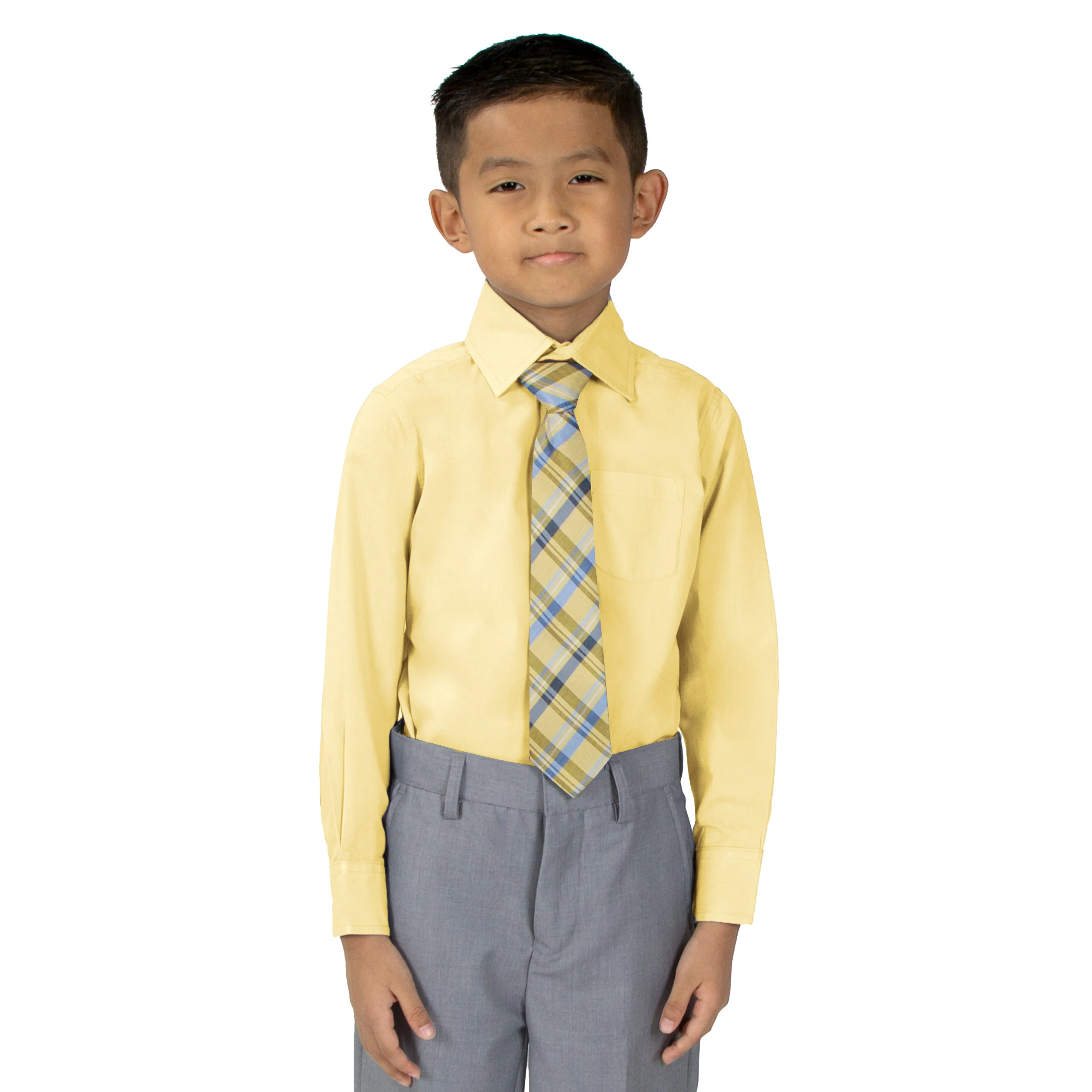 Boys' Yellow Cotton Blend Dress Shirt and Tie Set (Color 80)