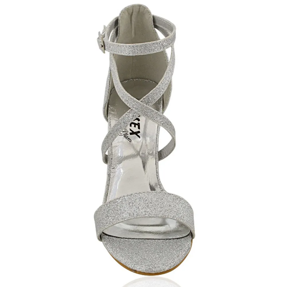 BRIELLA CROSS OVER FRONT STRAPPY BLOCK HIGH HEEL SANDALS IN SILVER GLITTER