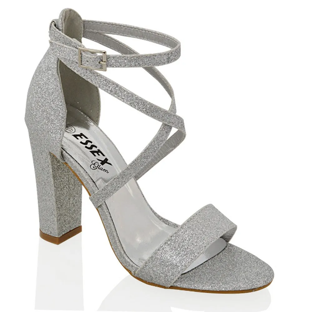 BRIELLA CROSS OVER FRONT STRAPPY BLOCK HIGH HEEL SANDALS IN SILVER GLITTER