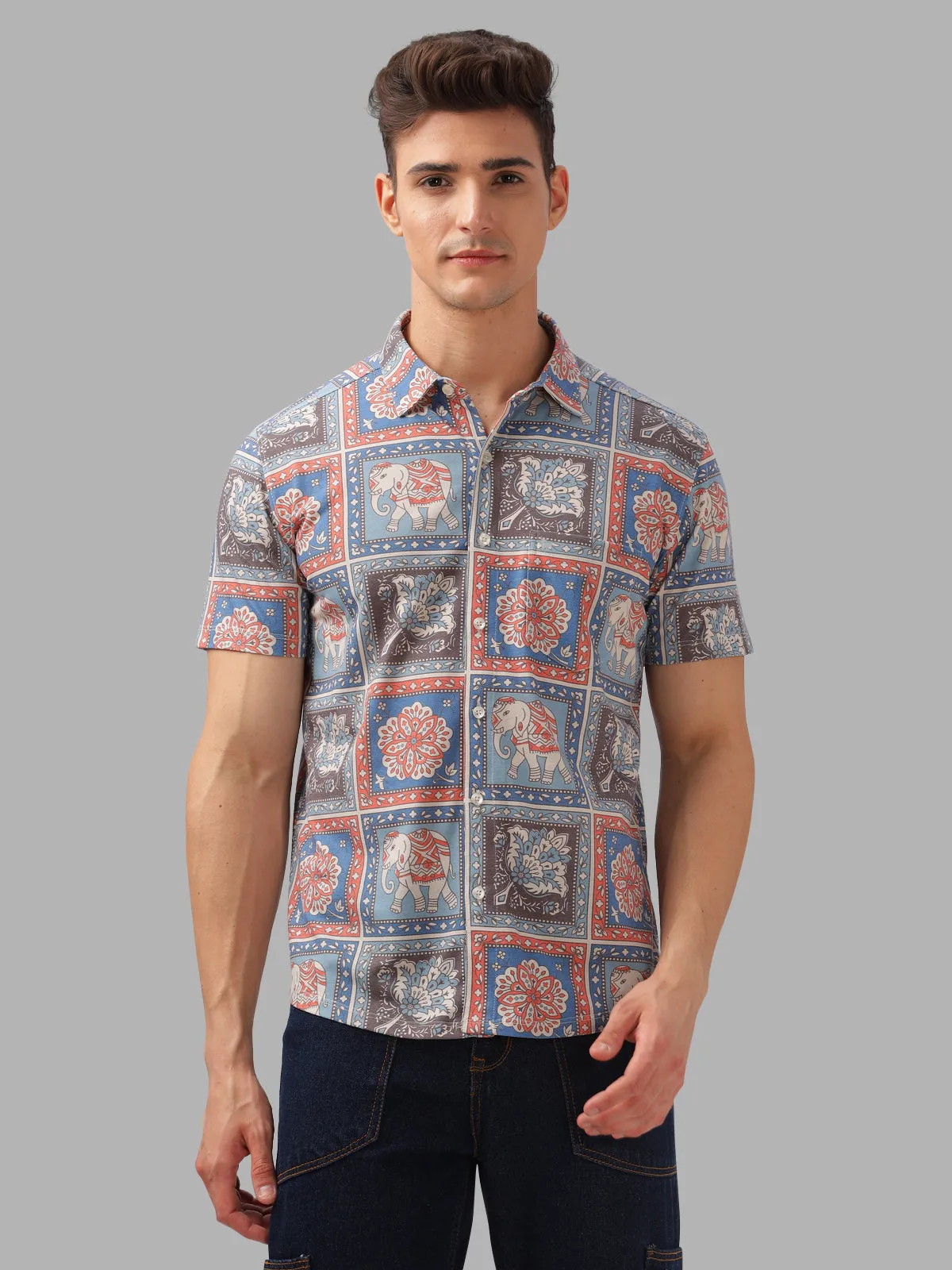 BULLMER Blue Trendy Regular Fit Printed Causal Half sleeve Shirt For Men