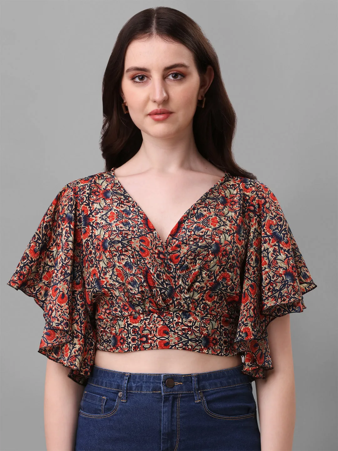 Casual Crop Top  Flared Sleeves Printed Women Top