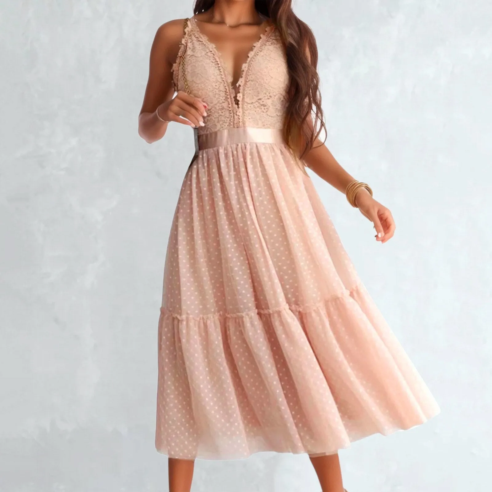 Casual Sleeveless Lace Patchwork V-Neck Midi Dress