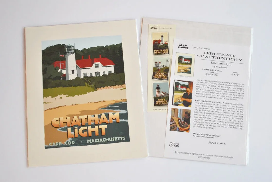 Chatham Light Art Print 8" x 10" Travel Poster By Alan Claude - Massachusetts