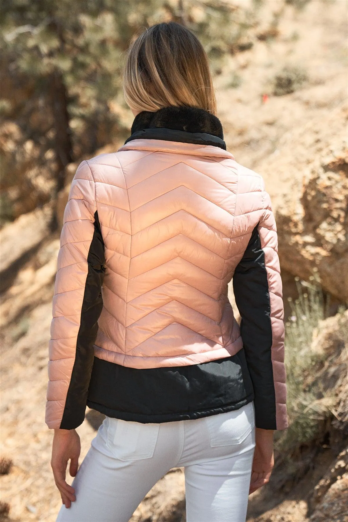 Chevron Quilted High Neck Double Zip Puffer Jacket