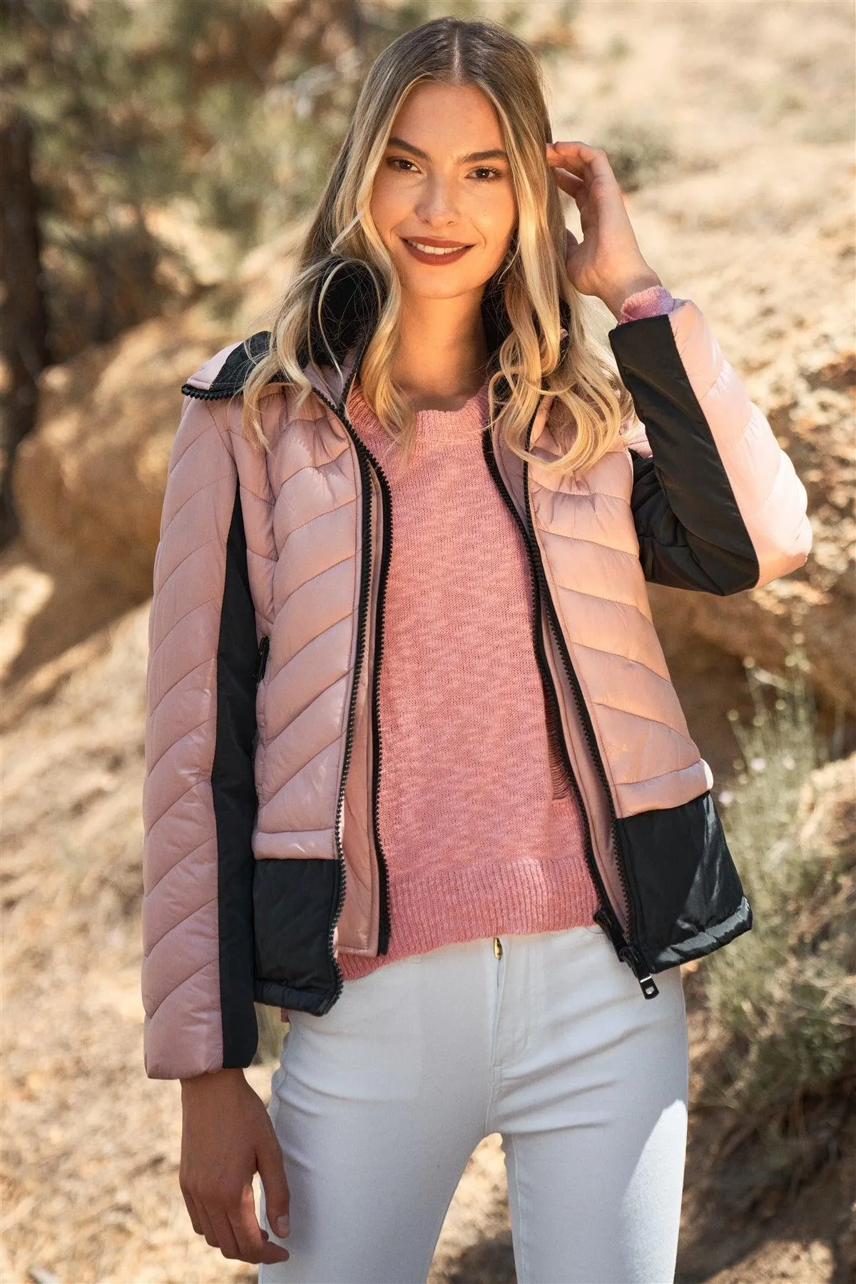 Chevron Quilted High Neck Double Zip Puffer Jacket