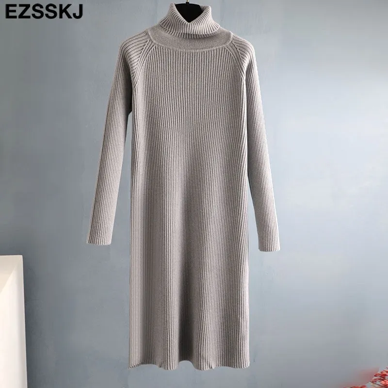 Christmas Gift Deanwangkt Autumn Winter long thick Sweater Dress Women turtleneck long Sleeve straight maix Dress female girl warm long dress