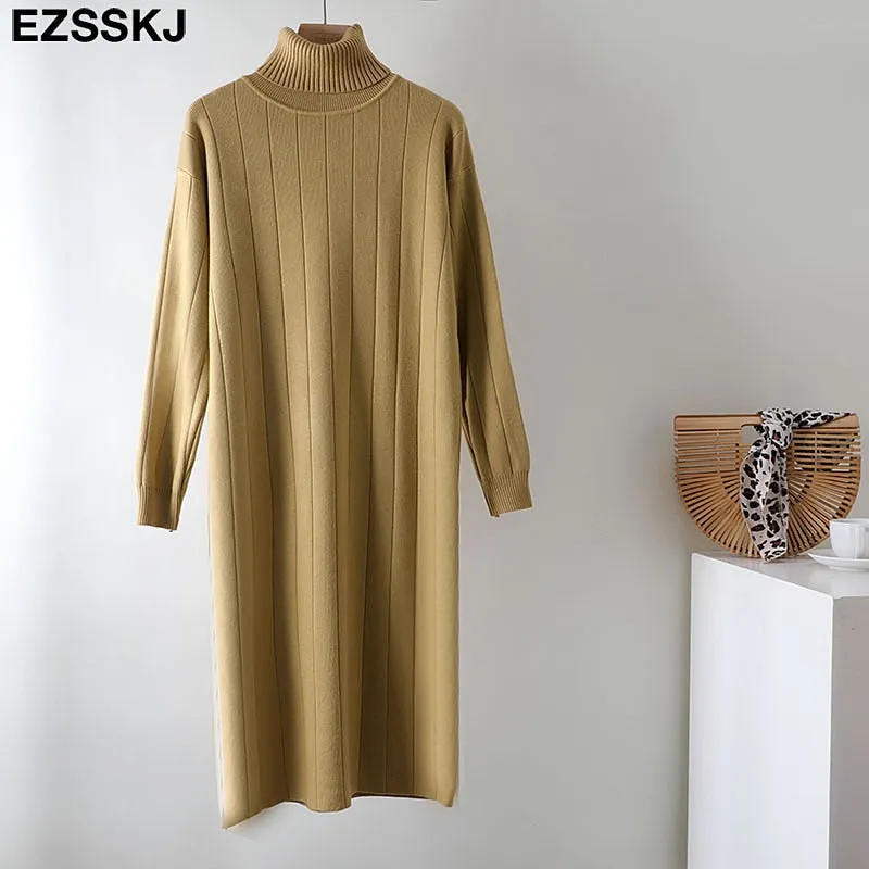 Christmas Gift Deanwangkt Autumn Winter long thick Sweater Dress Women turtleneck long Sleeve straight maix Dress female girl warm long dress