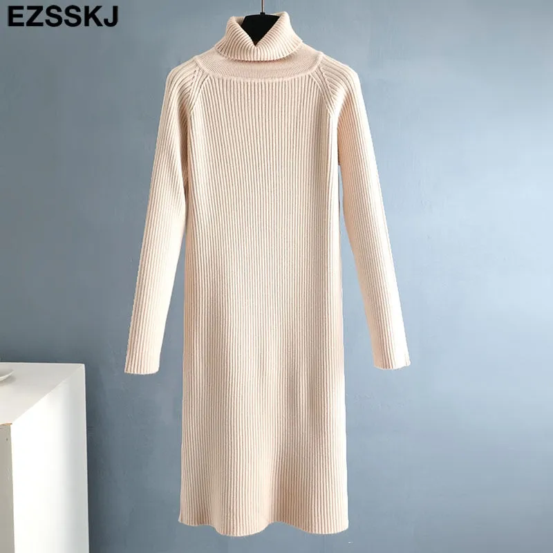 Christmas Gift Deanwangkt Autumn Winter long thick Sweater Dress Women turtleneck long Sleeve straight maix Dress female girl warm long dress