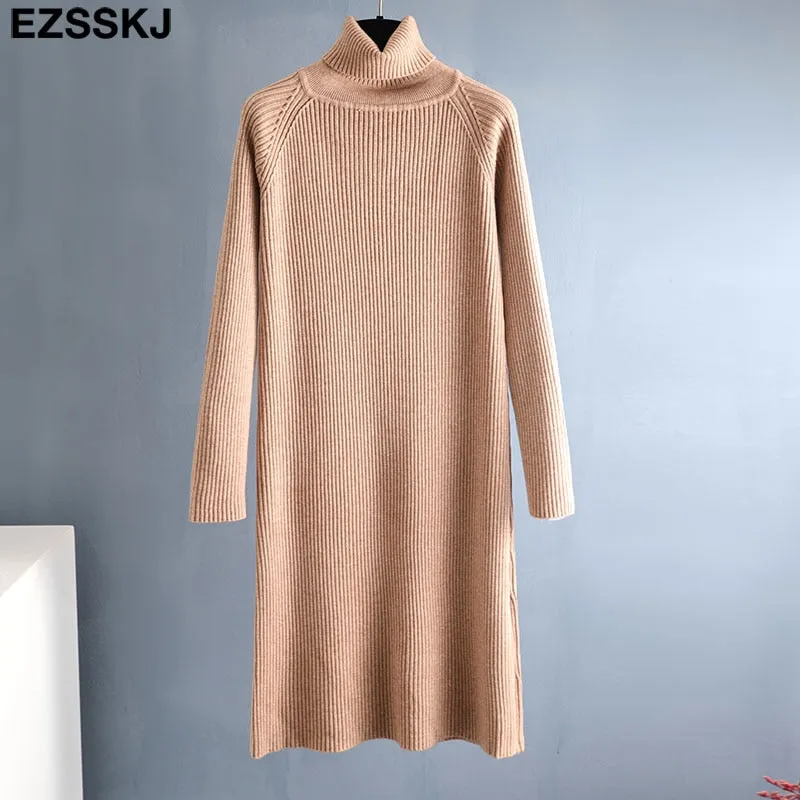 Christmas Gift Deanwangkt Autumn Winter long thick Sweater Dress Women turtleneck long Sleeve straight maix Dress female girl warm long dress