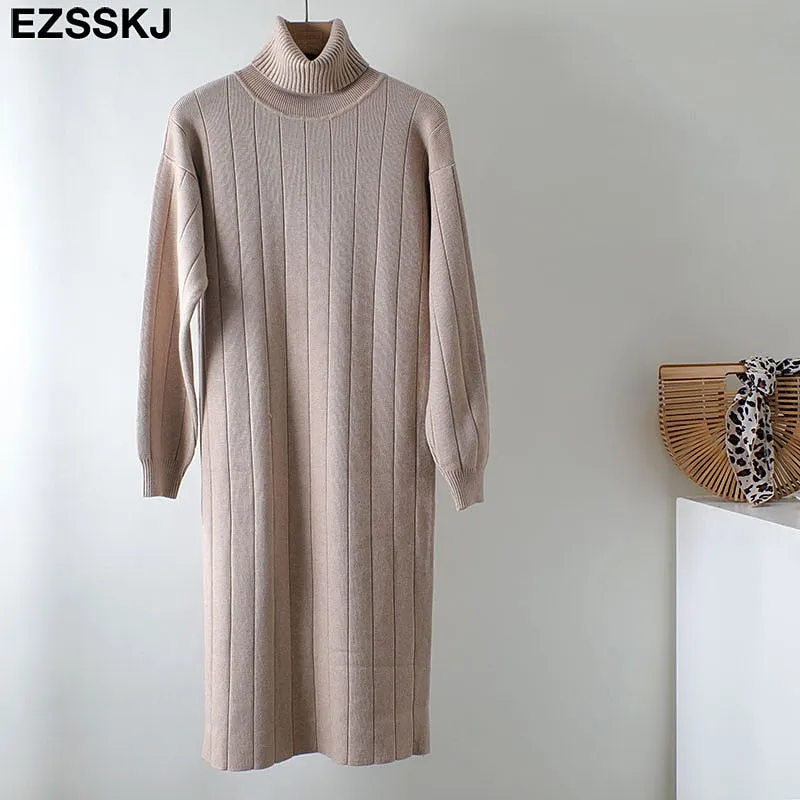 Christmas Gift Deanwangkt Autumn Winter long thick Sweater Dress Women turtleneck long Sleeve straight maix Dress female girl warm long dress