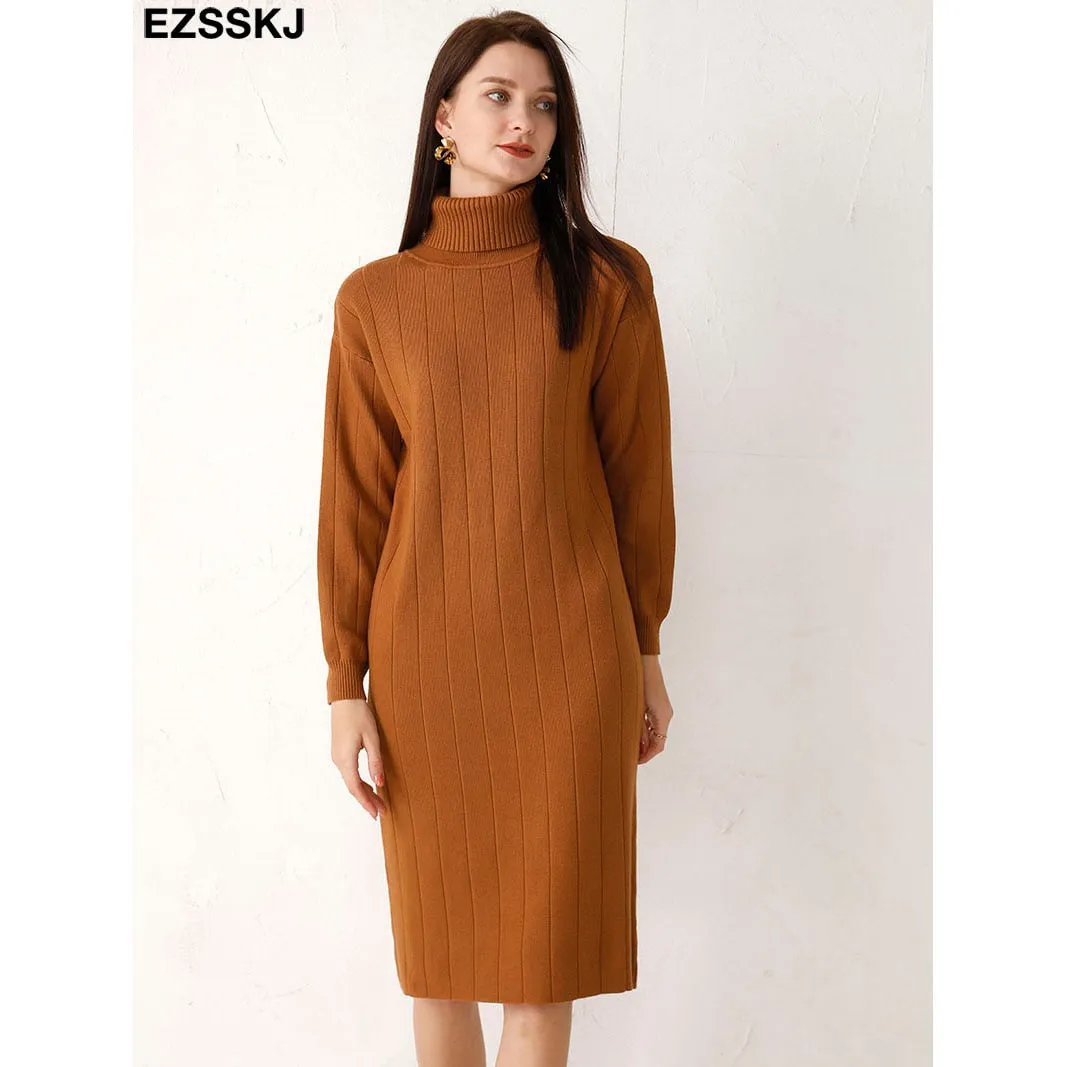 Christmas Gift Deanwangkt Autumn Winter long thick Sweater Dress Women turtleneck long Sleeve straight maix Dress female girl warm long dress