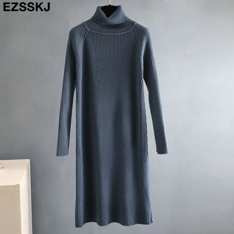 Christmas Gift Deanwangkt Autumn Winter long thick Sweater Dress Women turtleneck long Sleeve straight maix Dress female girl warm long dress