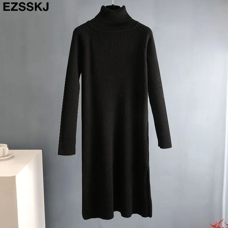 Christmas Gift Deanwangkt Autumn Winter long thick Sweater Dress Women turtleneck long Sleeve straight maix Dress female girl warm long dress