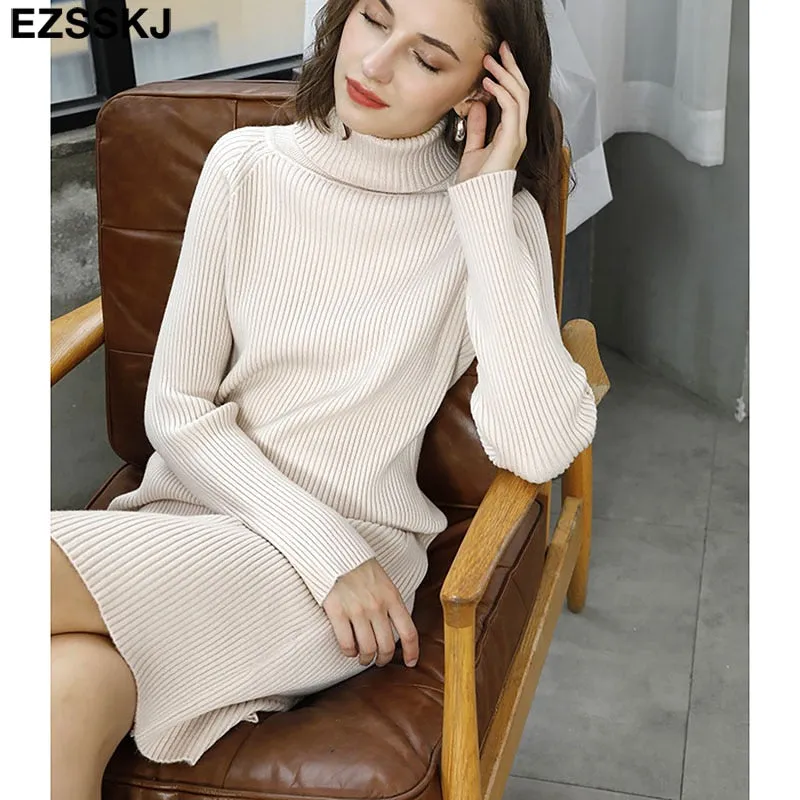 Christmas Gift Deanwangkt Autumn Winter long thick Sweater Dress Women turtleneck long Sleeve straight maix Dress female girl warm long dress