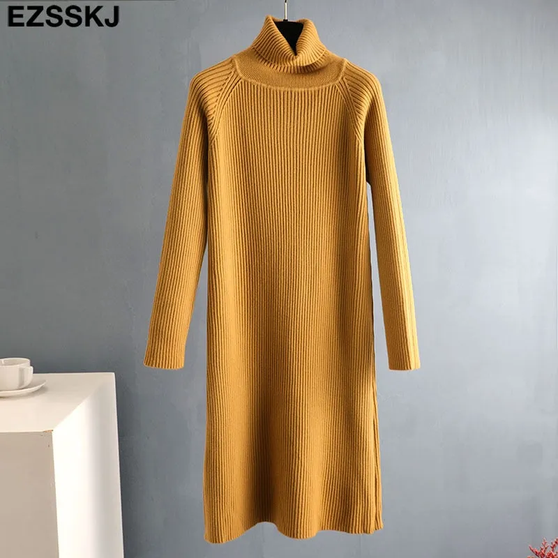 Christmas Gift Deanwangkt Autumn Winter long thick Sweater Dress Women turtleneck long Sleeve straight maix Dress female girl warm long dress