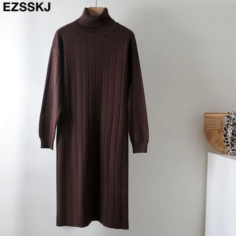 Christmas Gift Deanwangkt Autumn Winter long thick Sweater Dress Women turtleneck long Sleeve straight maix Dress female girl warm long dress