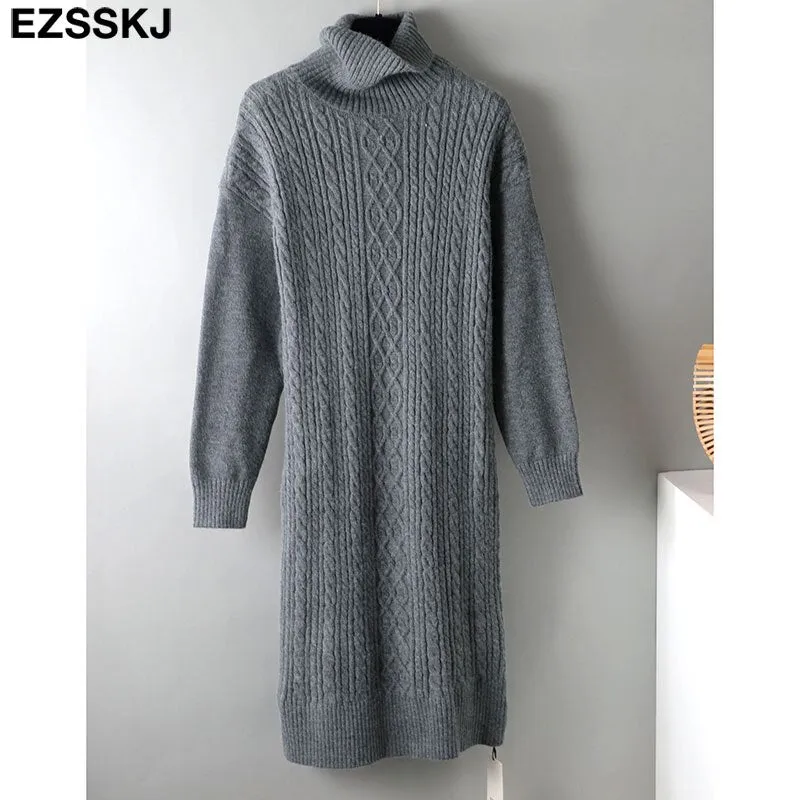 Christmas Gift Deanwangkt autumn winter thick straight maxi sweater dress women high neck long sweater dress elegant female loose Warm maix  dress