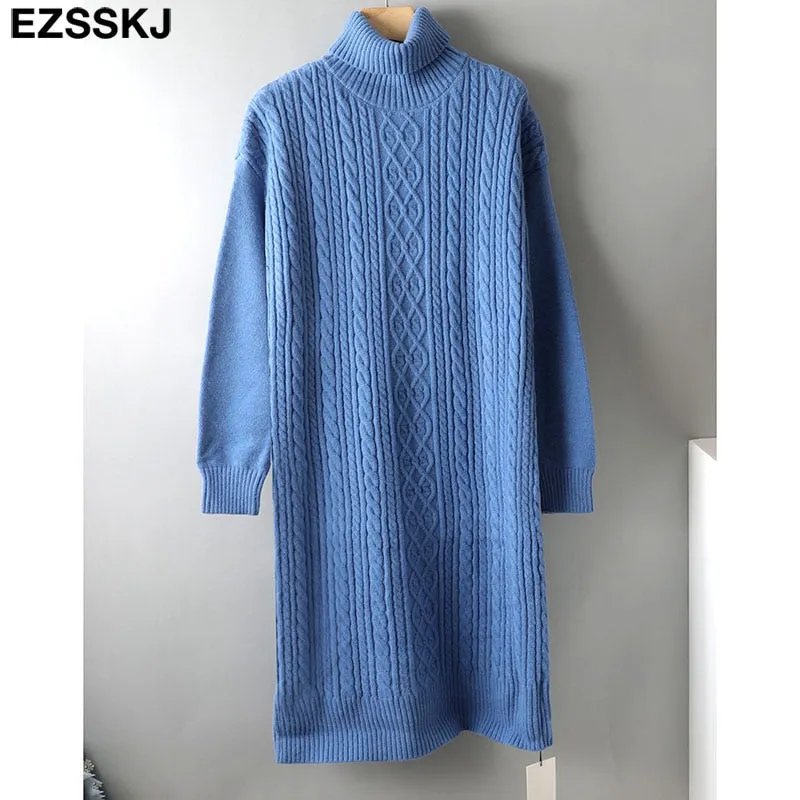 Christmas Gift Deanwangkt autumn winter thick straight maxi sweater dress women high neck long sweater dress elegant female loose Warm maix  dress