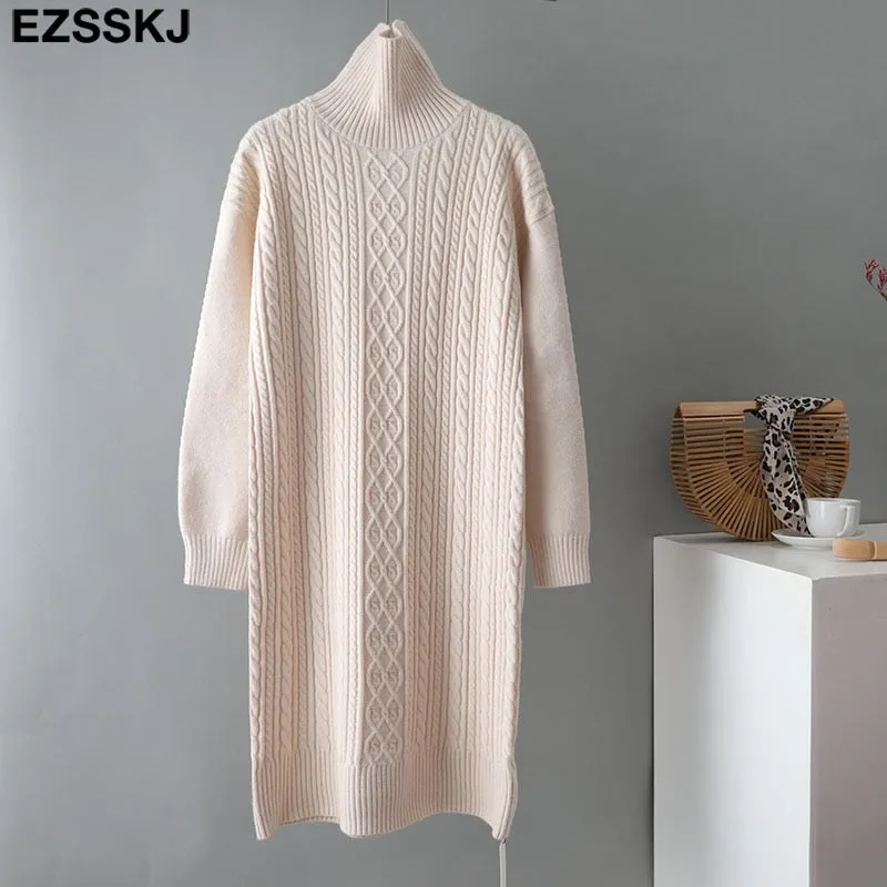 Christmas Gift Deanwangkt autumn winter thick straight maxi sweater dress women high neck long sweater dress elegant female loose Warm maix  dress