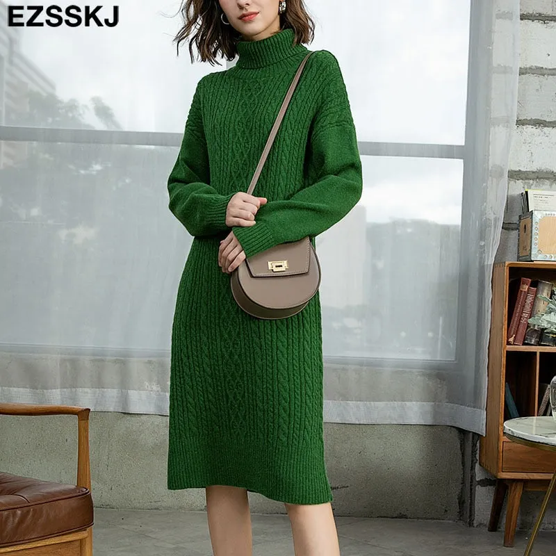 Christmas Gift Deanwangkt autumn winter thick straight maxi sweater dress women high neck long sweater dress elegant female loose Warm maix  dress