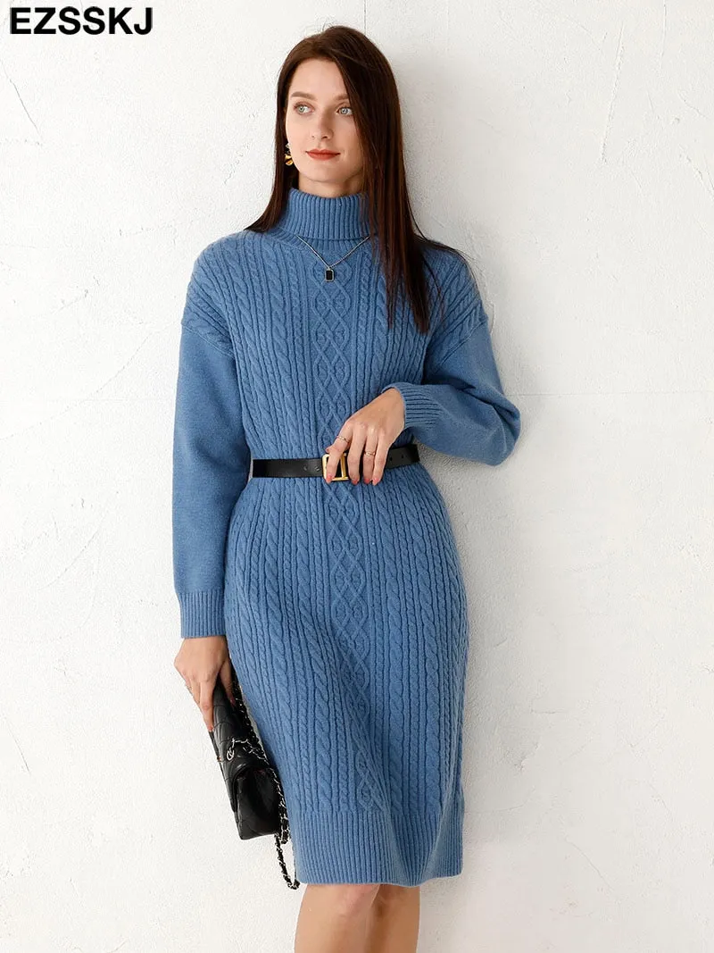 Christmas Gift Deanwangkt autumn winter thick straight maxi sweater dress women high neck long sweater dress elegant female loose Warm maix  dress