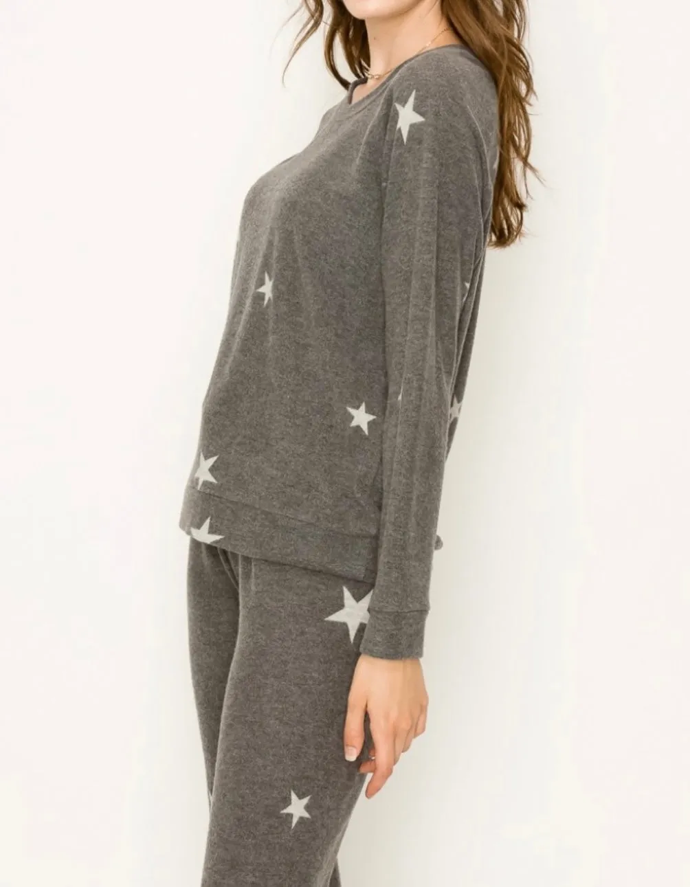 Comfy top with dolman sleeves top In our  charcoal stars print cozy brushed Jersey