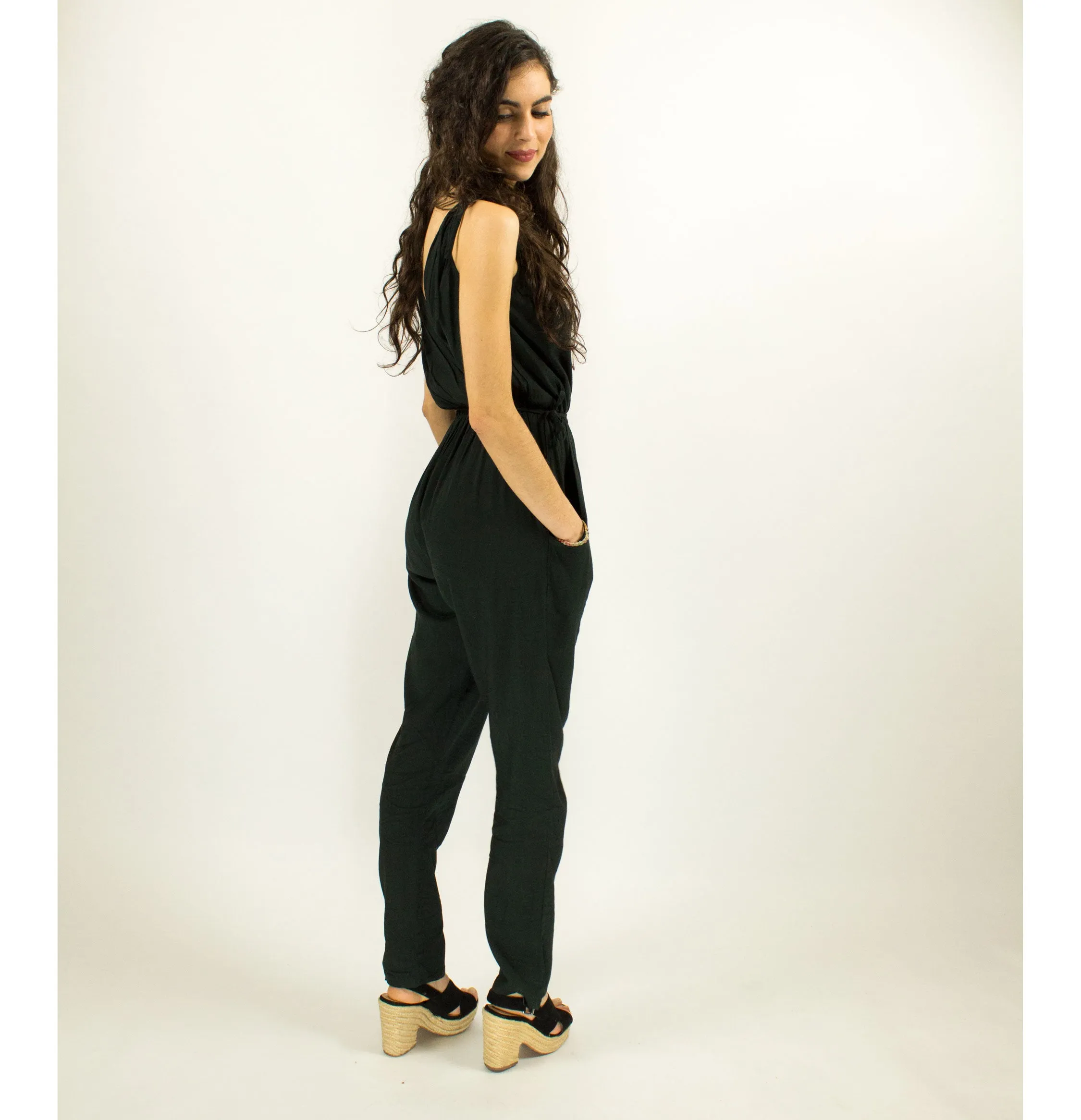 COTTON HIGH WAISTED JUMPSUIT BLACK