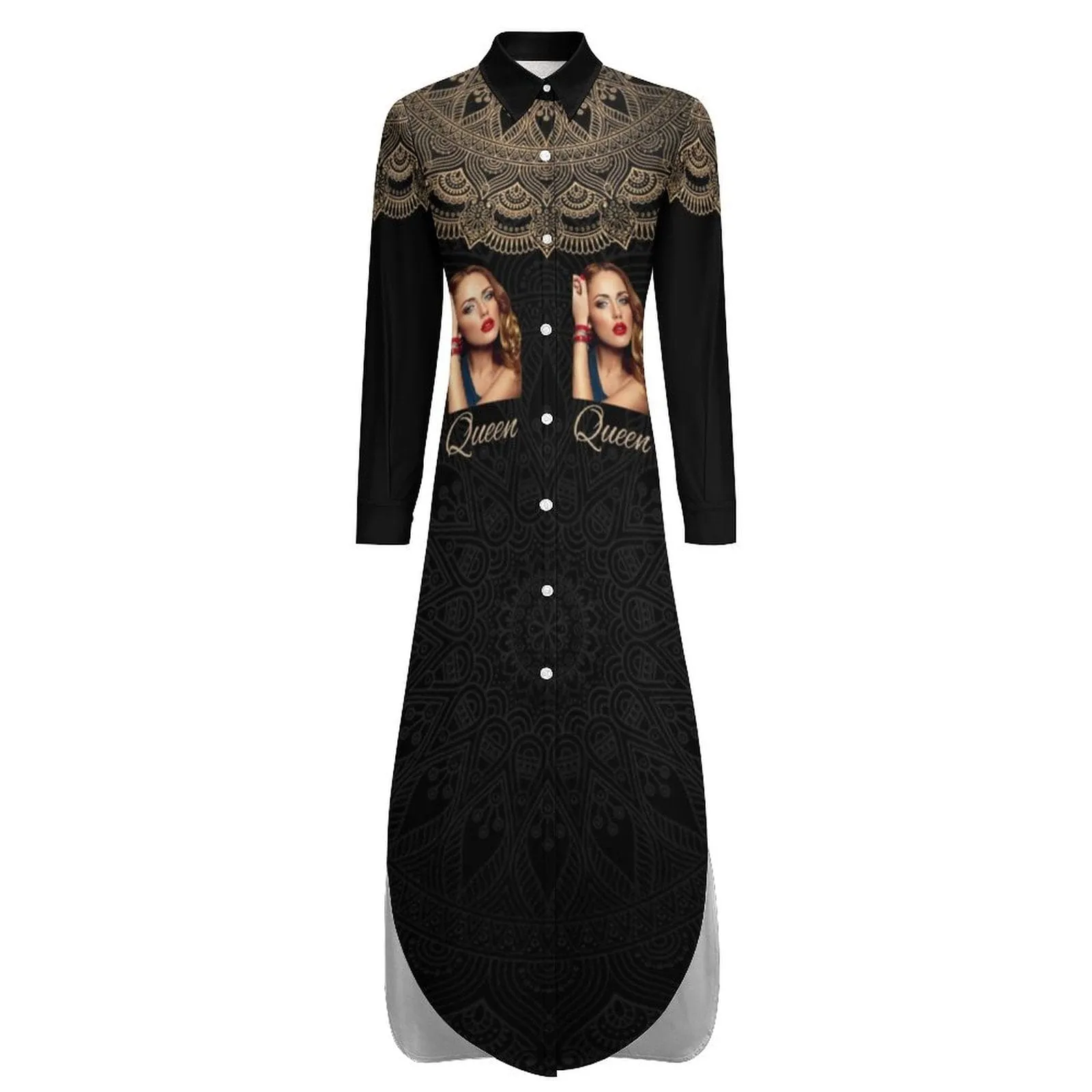 Custom Face & Name Black Pattern Women's Long Sleeved Shirt Dress Casual Loose Maxi Dresses