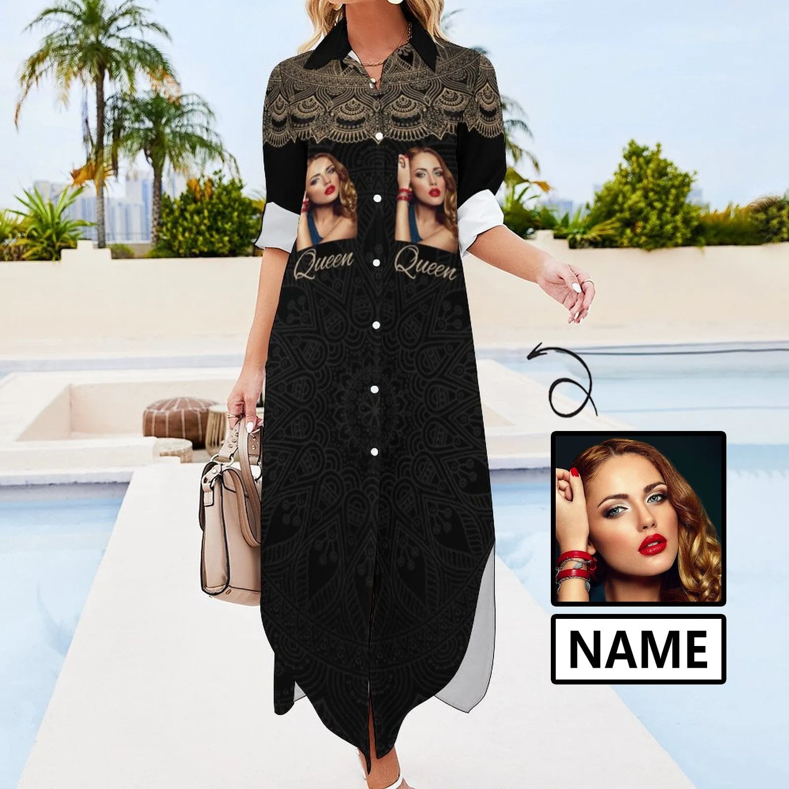 Custom Face & Name Black Pattern Women's Long Sleeved Shirt Dress Casual Loose Maxi Dresses