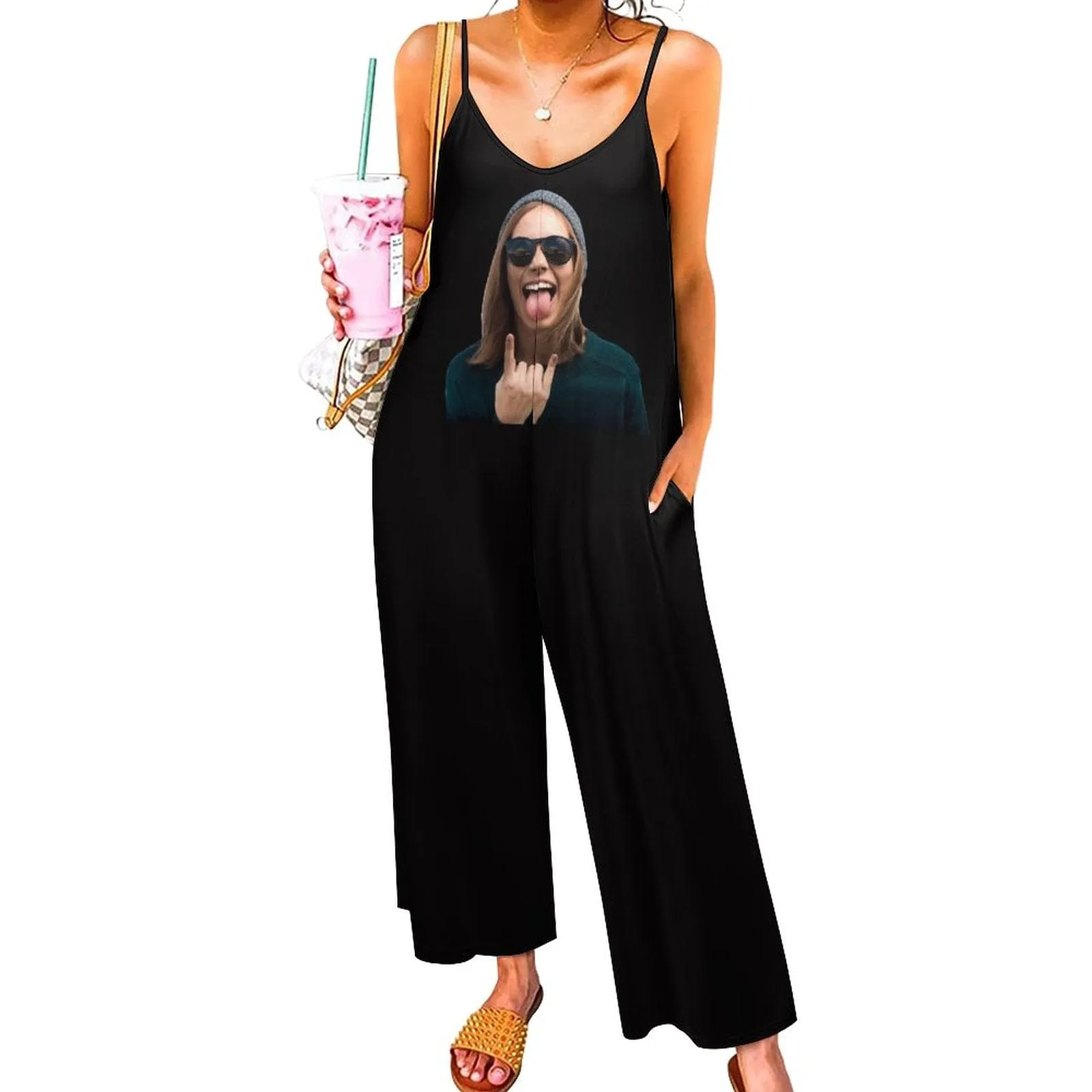 Custom Face Black Funny Women's Summer Casual Spaghetti Strap V Neck Oversized Wide Leg Jumpsuit Pockets Beach Travel Outfits