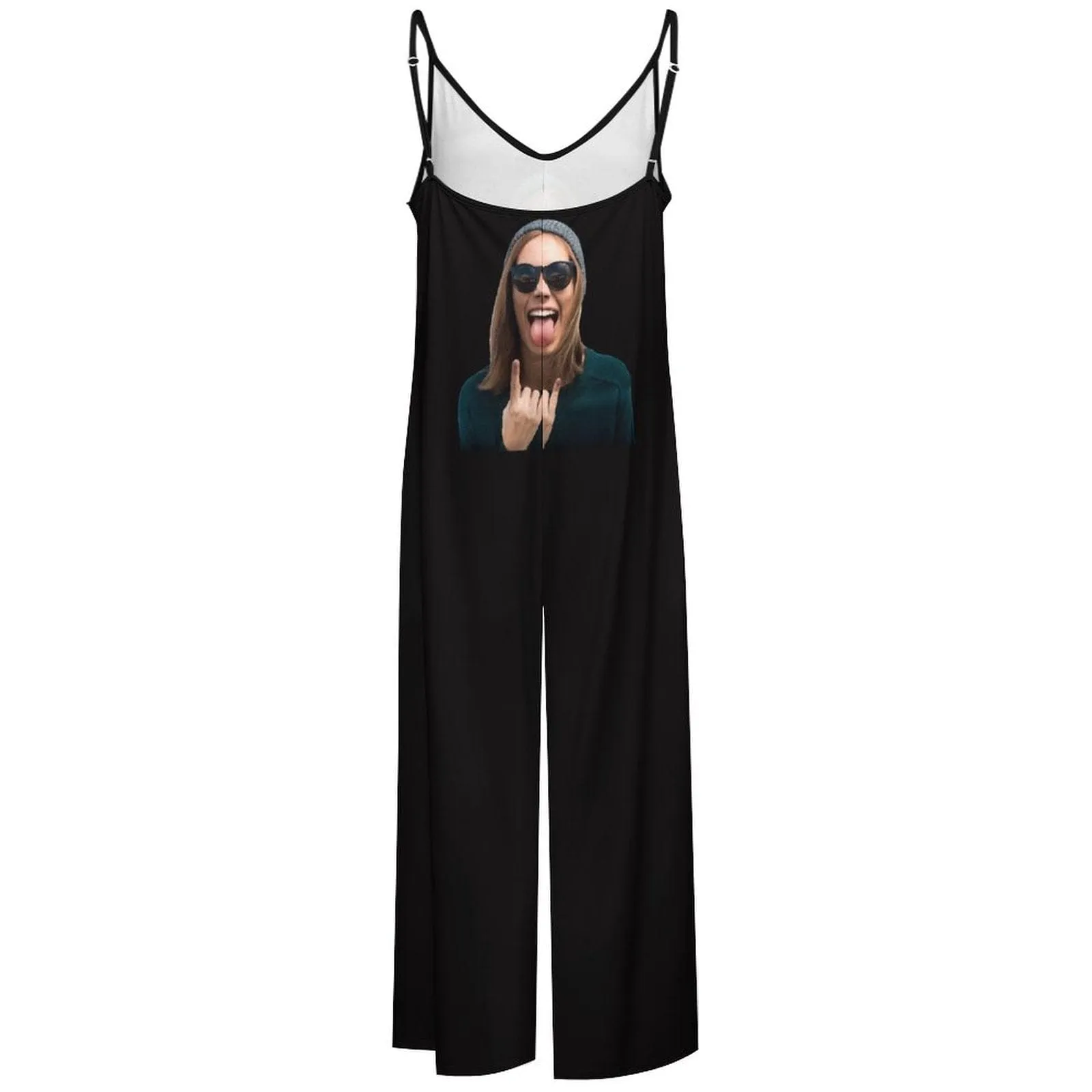 Custom Face Black Funny Women's Summer Casual Spaghetti Strap V Neck Oversized Wide Leg Jumpsuit Pockets Beach Travel Outfits