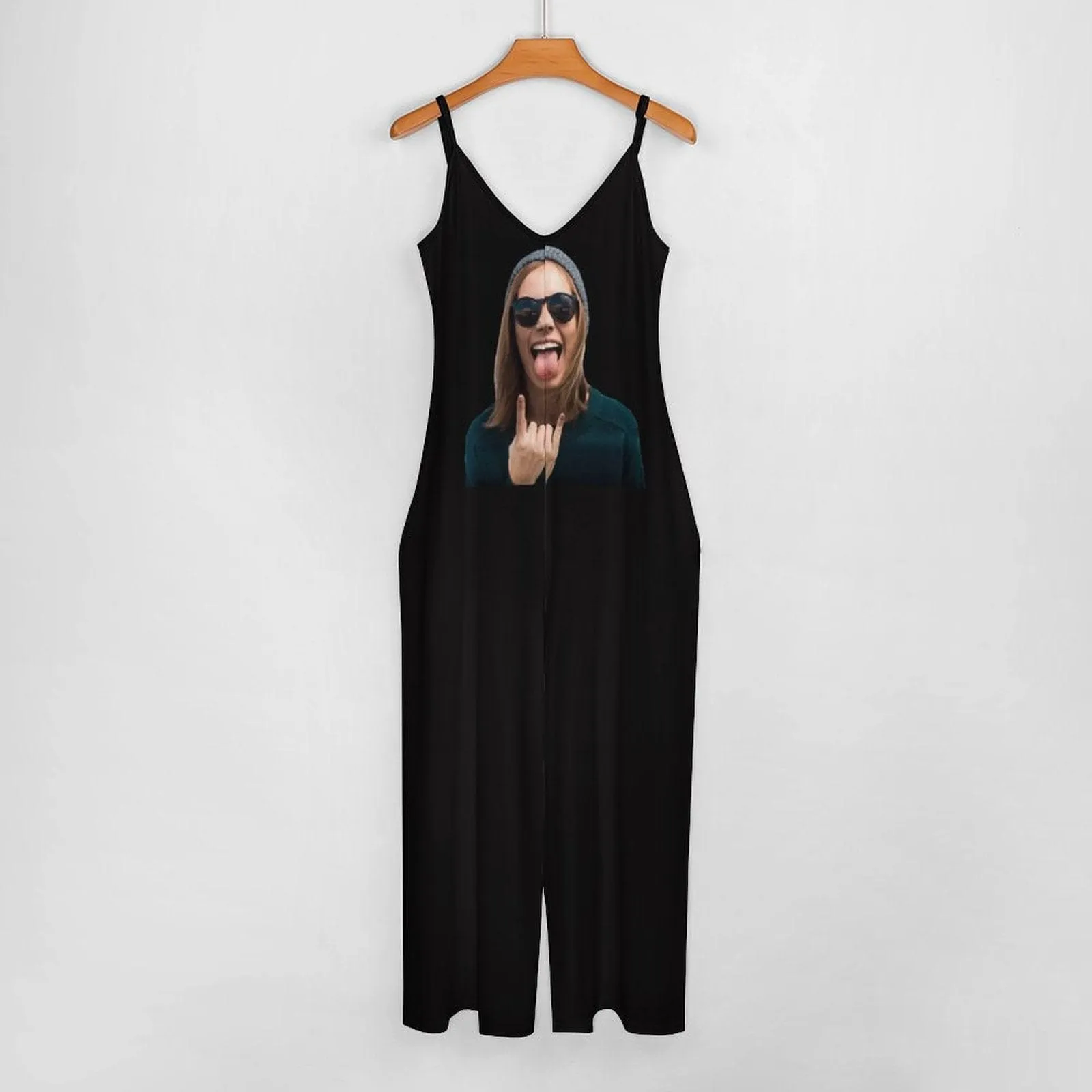 Custom Face Black Funny Women's Summer Casual Spaghetti Strap V Neck Oversized Wide Leg Jumpsuit Pockets Beach Travel Outfits