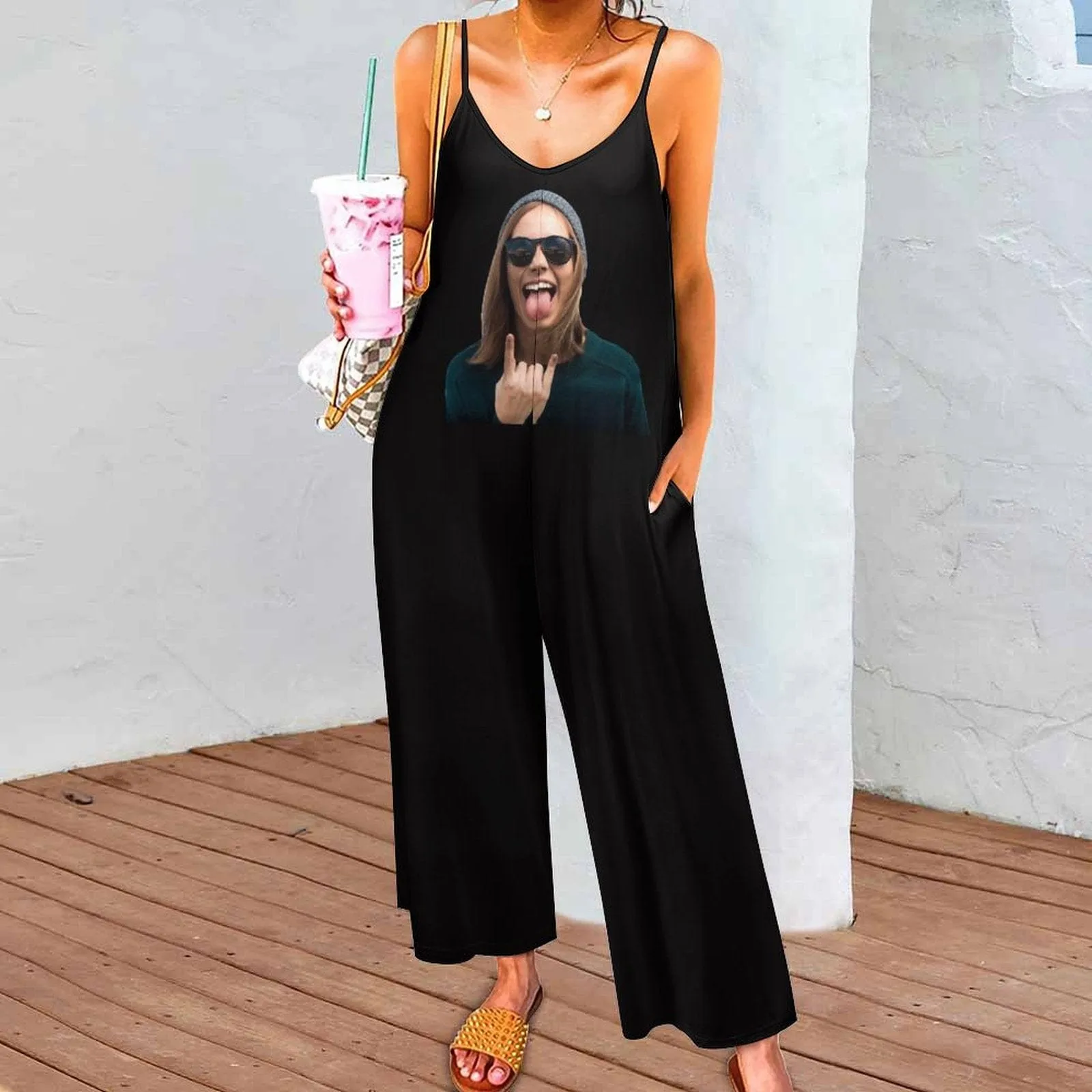 Custom Face Black Funny Women's Summer Casual Spaghetti Strap V Neck Oversized Wide Leg Jumpsuit Pockets Beach Travel Outfits