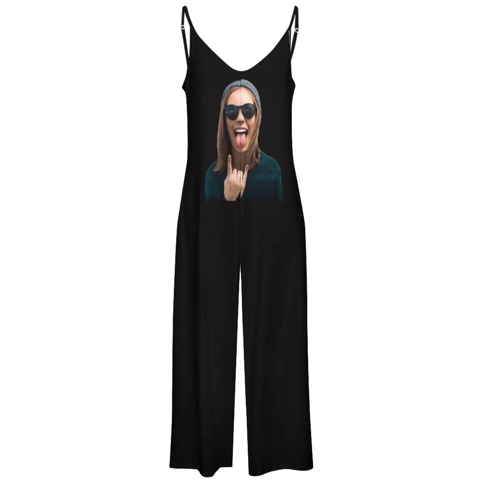 Custom Face Black Funny Women's Summer Casual Spaghetti Strap V Neck Oversized Wide Leg Jumpsuit Pockets Beach Travel Outfits