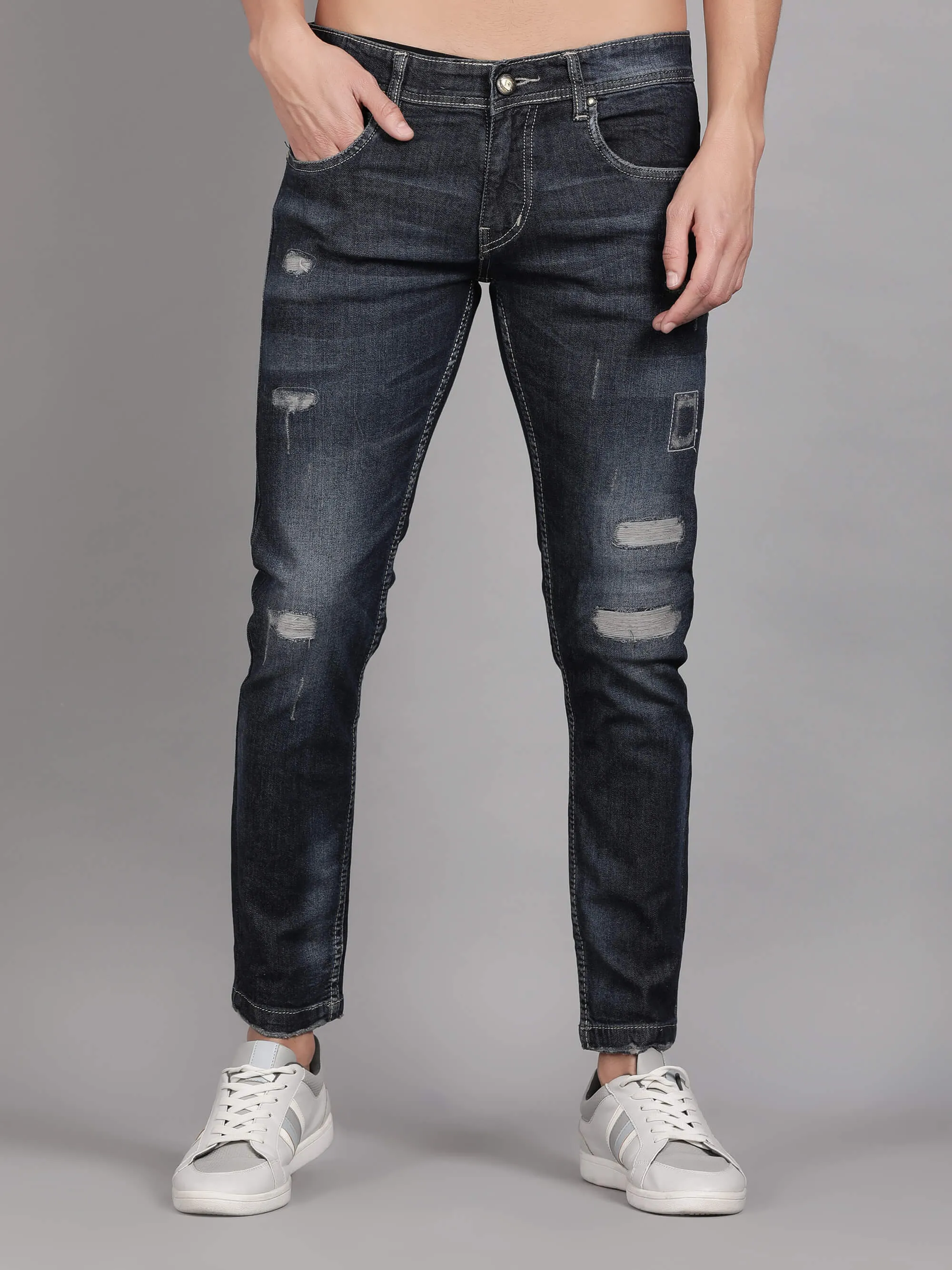 Dark Blue Mildly Distressed Denim Jeans for Men (GBDNM5011)