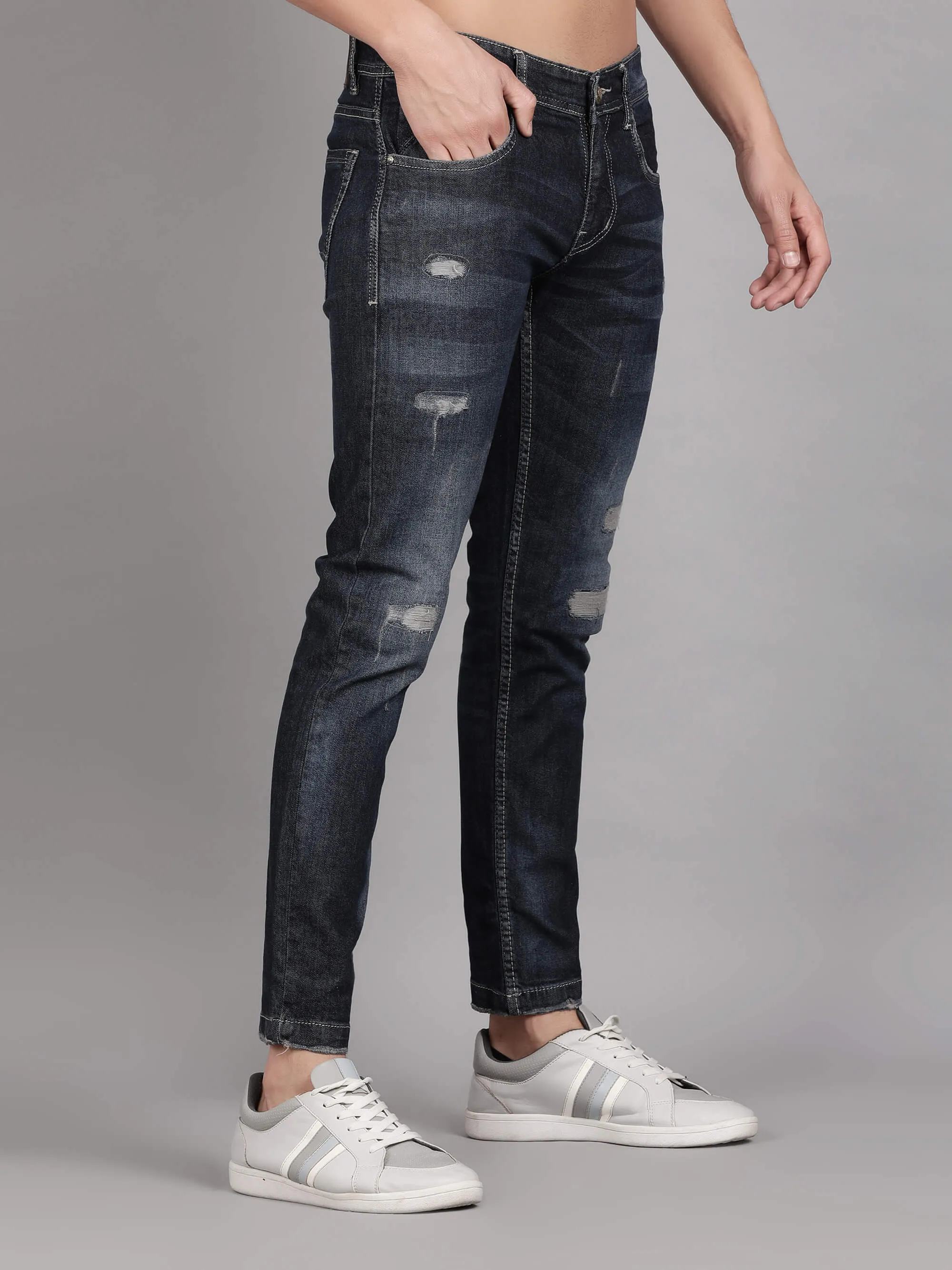 Dark Blue Mildly Distressed Denim Jeans for Men (GBDNM5011)