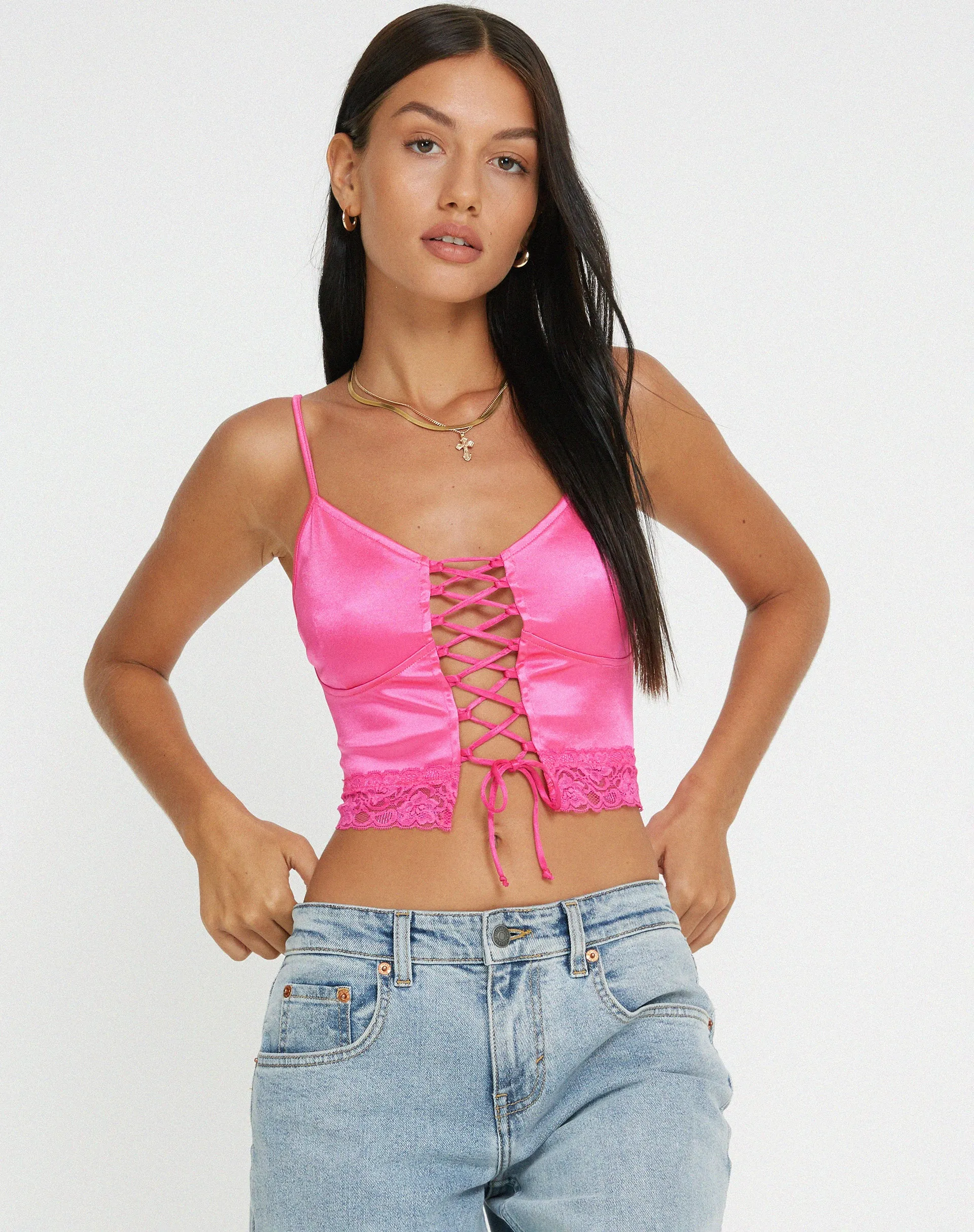 Datuk Crop Top in Satin Hot Pink