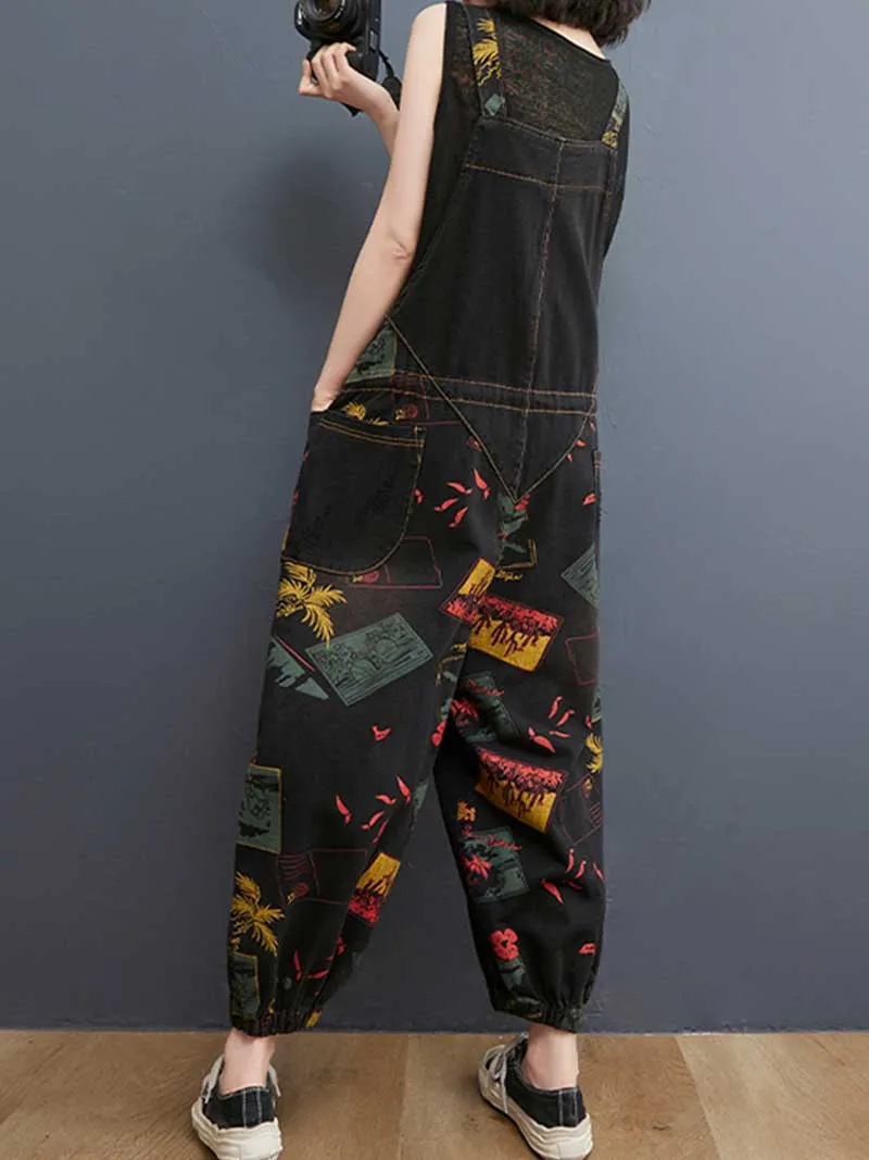 Denim Printed Nine-Point Pants High Waist Overalls Dungaree