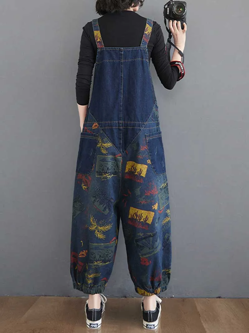 Denim Printed Nine-Point Pants High Waist Overalls Dungaree